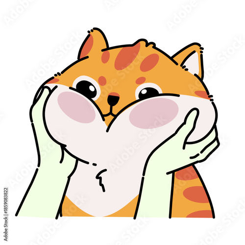 Chubby orange cat cheeks squished by hands, adorable kawaii cartoon illustration, playful and expressive style ideal for stickers, emojis, and cute pet designs.