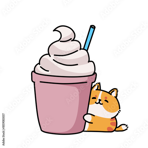 Cute cat hugging milkshake cup illustration, kawaii cartoon style with dessert theme, playful and adorable design for stickers and food-related visuals.
