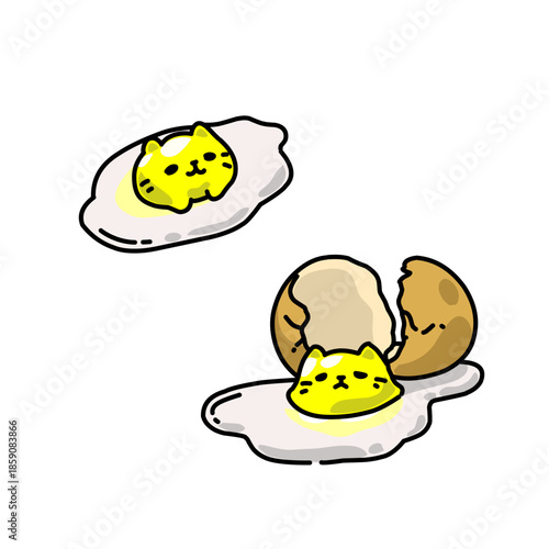 Cute egg yolk shaped like a cat on cracked eggshell, kawaii cartoon illustration combining food and animal character.