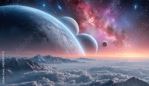 a vibrant cosmic background with planets and stars, showcasing the vastness of space, with earth in focus at the center