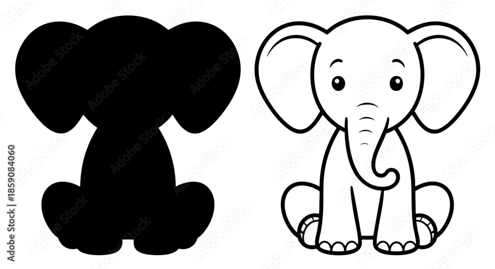 Fototapeta premium Cute Baby Elephant Front View Character Line Art and Solid Black Silhouette Set Isolated on Transparent Background