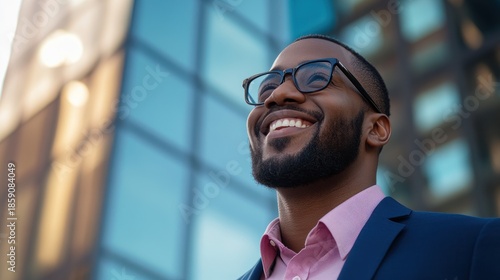 Confident Young Man in Suit Smiling Outdoors with Modern Architecture in Background, Bright Day, Urban Setting