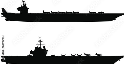 Two black silhouettes of aircraft carriers with planes on deck