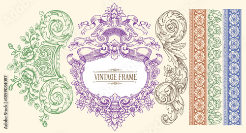 Elegant vintage frames and decorative elements set
