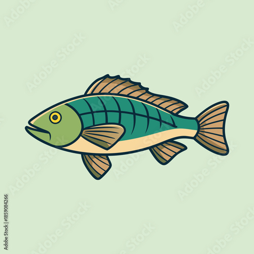 A cartoon illustration of a stylized fish with unique coloration and features