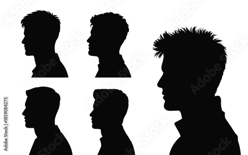 Male Profile Silhouette Collection Featuring Diverse Men Haircuts For Barbershop Branding Design
