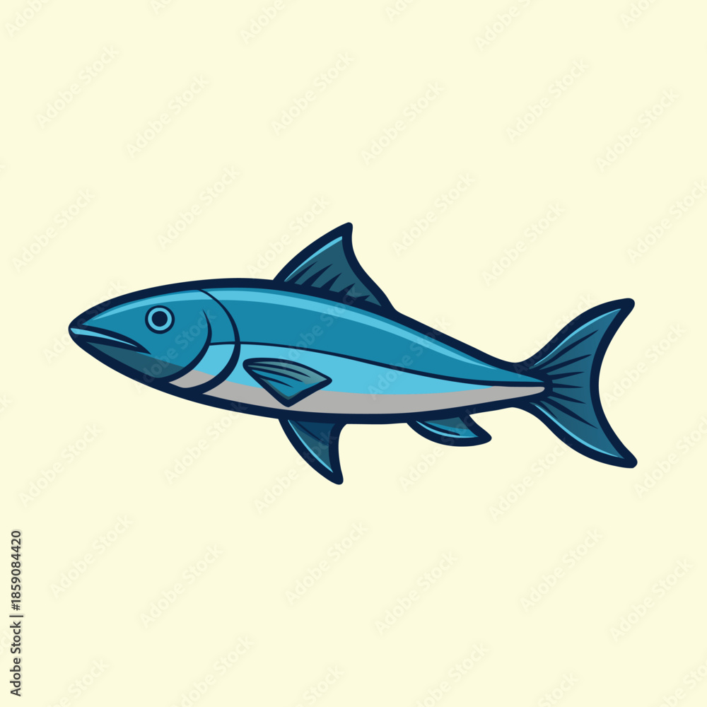 Fototapeta premium Stylized illustration of a blue fish with dark outlines on beige background