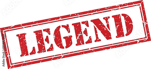 A distressed red stamp displaying the word legend in bold uppercase letters isolated on a white background