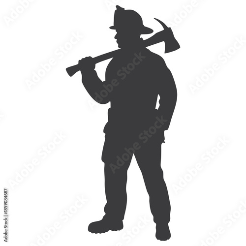 Professional firefighter standing tall, holding a rescue axe over his shoulder, depicted as a strong black silhouette on a clean white background.