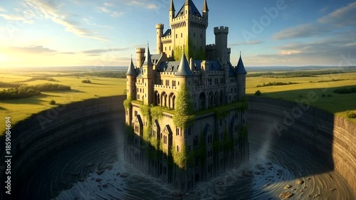 Floating Castle Surrounded by a Vast Green Landscape