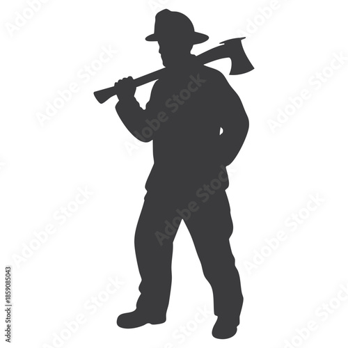 Professional firefighter or woodsman standing with an axe over his shoulder, depicted in a black silhouette.