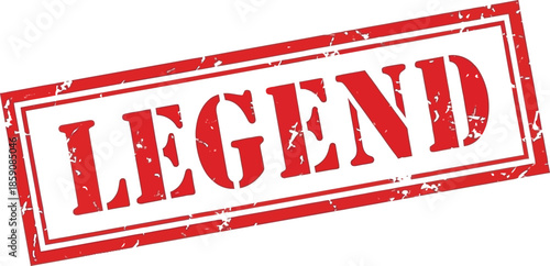 A detailed view of a rectangular distressed red stamp displaying the word legend in bold white letters