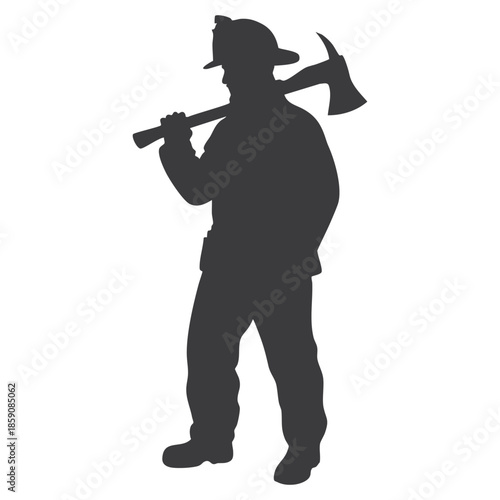 Professional firefighter standing tall, holding a rescue axe over his shoulder, depicted as a strong black silhouette on a clean white background.