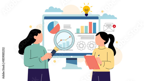 A teamwork scene where two women analyze a data dashboard filled with charts and graphs. The magnifying lens and gears symbolize data analysis, ideas, collaborative problem solving in a modern office