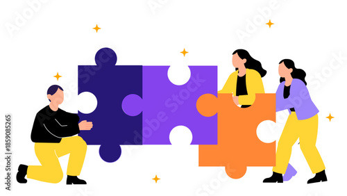 A diverse group of people works together to assemble vibrant puzzle pieces, symbolizing collaboration, creativity, and shared goals. This image conveys teamwork, unity, modern setting