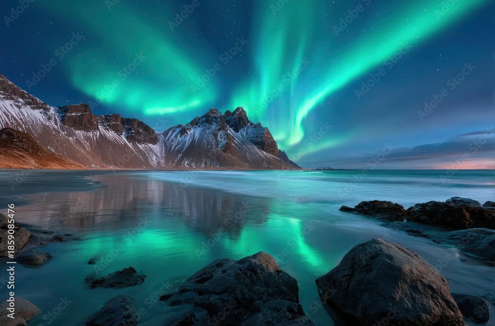 Naklejka premium vestrahorn mountain, black rocks, dark green sky with northern lights