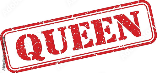 A distressed red stamp displaying the word queen in bold capital letters isolated on a white background