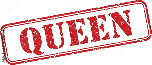 A distressed red stamp displaying the word queen in bold capitalized letters on a white background