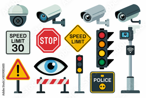 Illustrations of traffic signs and surveillance cameras