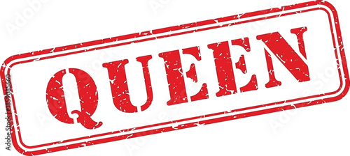 A grunge style red stamp displaying the word queen in bold capital letters with a distressed texture