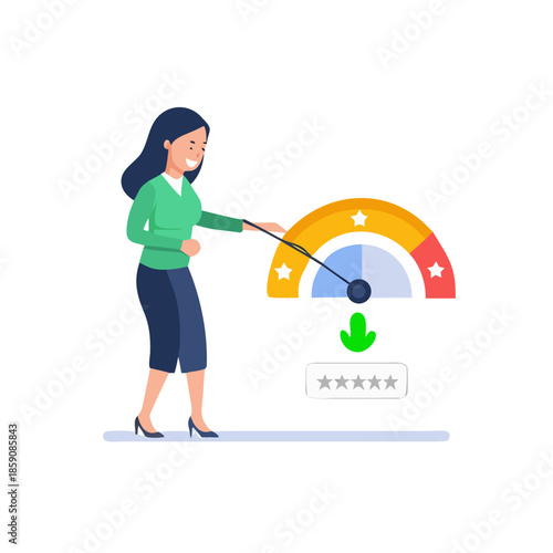 Performance rating or customer feedback, credit score or satisfaction measurement, quality control or improvement concept, strong businesswoman pull the string to make rating gauge to be ... See More
