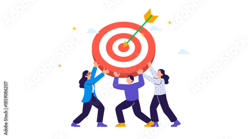 Diverse teammates lift a large red target with an arrow hitting the center, symbolizing teamwork, shared goals, motivation, and collective success in a business or creative setting