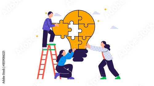 A collaborative team works together to assemble a puzzle forming a bright lightbulb, symbolizing shared ideas, problem solving, and creative thinking in a modern, colorful illustration