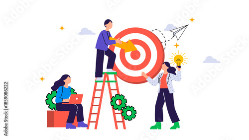 Diverse team members unite to reach a target through planning, ideas, and tools. One climbs a ladder to place an arrow on the bullseye while another shares a bright idea