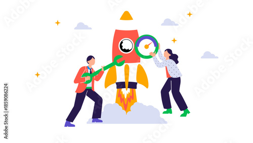 Two friends collaborate to assemble a bright rocket, using a wrench and a gauge as they prepare for launch. A playful scene showing teamwork, innovation, and celebration as the rocket rises