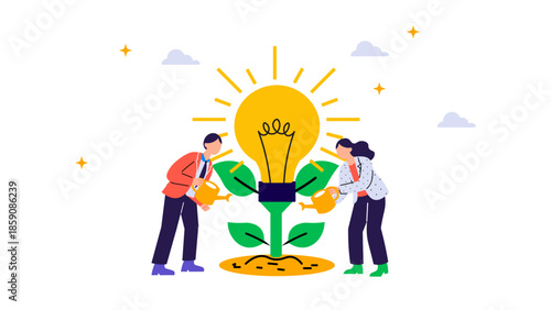 Two people tend a glowing light bulb growing like a plant, collaboration and sustainable growth. This vibrant illustration emphasizes teamwork, creativity, and green energy innovation in business