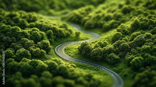 Serene winding road through lush green forest landscape with vibrant trees and natural beauty in soft focus during sunny day