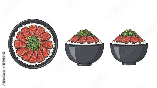 Japanese Beef Steak Donburi Bowl Vector Illustration, Gyudon Rice Bowl with Green Onions and Sesame Seeds