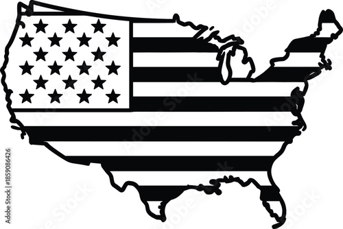 Minimalist monochrome United States map vector featuring contiguous landmass silhouette with bold American flag stars and stripes overlay.