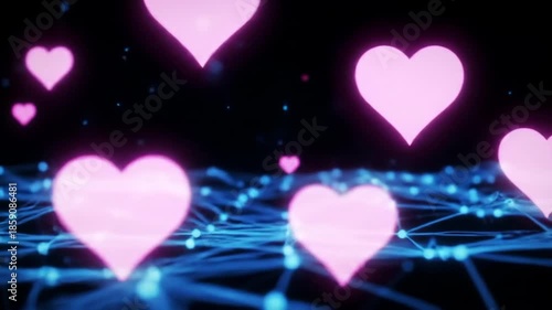 A digital artwork featuring a network of glowing blue lines and nodes with pink hearts floating above