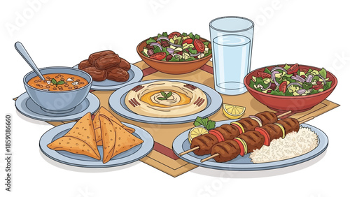 Traditional Middle Eastern Iftar Meal Illustration with Kofta Kebab, Hummus, Dates, and Samosas on Table