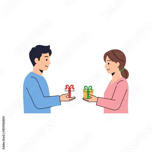 Man and woman exchanging gifts in a friendly gesture with smiles on their faces