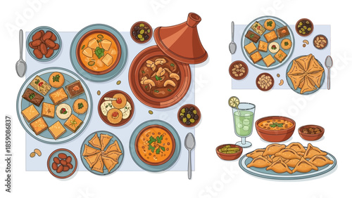 Middle Eastern Food Illustration and Ramadan Iftar Dinner with Tajine, Baklava, Dates, and Samosas