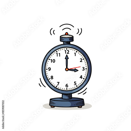 Hand-drawn cartoon style blue alarm clock ringing at 3 o'clock, isolated on a white background. Perfect for concepts of time, deadlines, waking up, or alerts.
