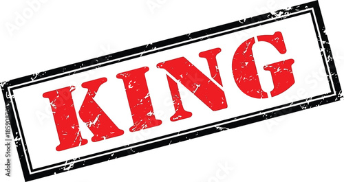 A rectangular stamp with the word king boldly displayed in large red textured letters against a white background