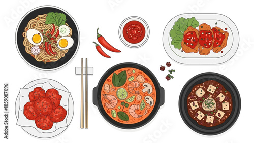 Asian Food Illustration Set with Spicy Ramen, Tom Yum Soup, Mapo Tofu, and Korean Fried Chicken on White Background