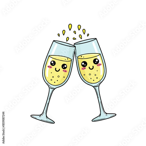 Two adorable cartoon champagne glasses clinking in a toast, with cute smiling faces and celebratory bubbles. Perfect for festive occasions, parties, and happy moments.