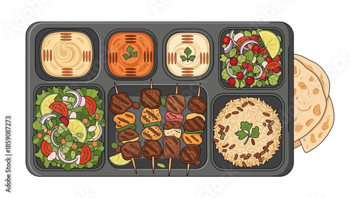 Japanese Bento Box Food Illustration Top View with Traditional Dishes