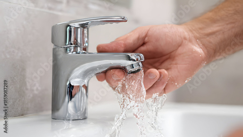 Professional hands carefully installing a modern chrome faucet in a clean bathroom environment
