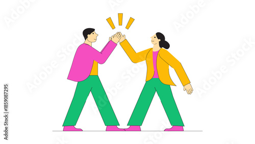 Bright, colorful illustration of a man and a woman high-fiving, symbolizing teamwork, support, and positive collaboration in work or community settings