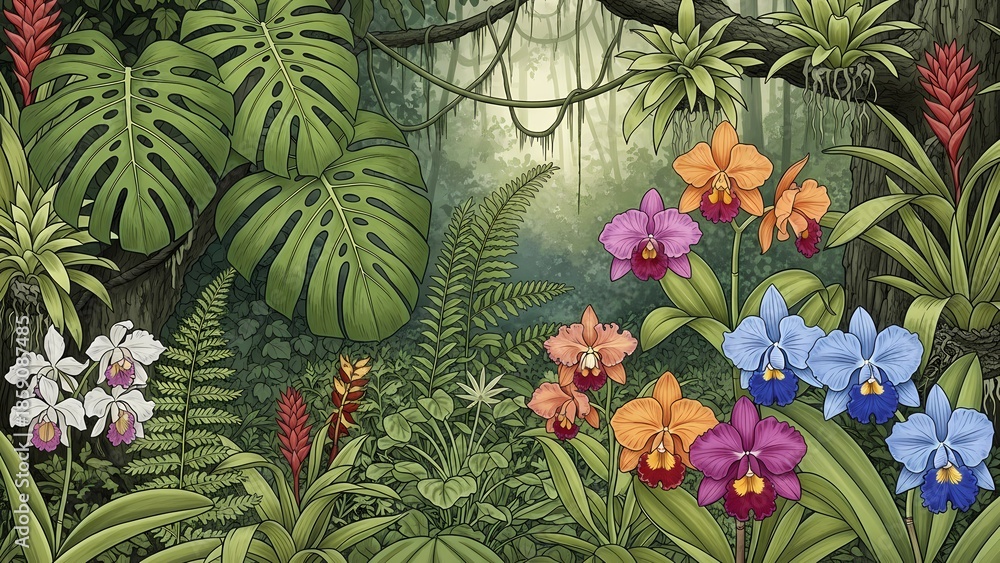 Obraz premium Tropical Jungle Orchid Illustration With Lush Rainforest Foliage