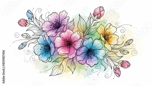 Hand-Drawn Watercolor Floral Bouquet with Pastel Flowers and Elegant Line Art