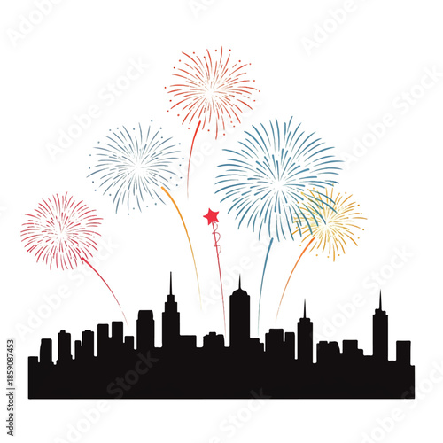 A vibrant illustration of colorful fireworks exploding over a dark city skyline silhouette, perfect for celebrating holidays, New Year's Eve, or special events.