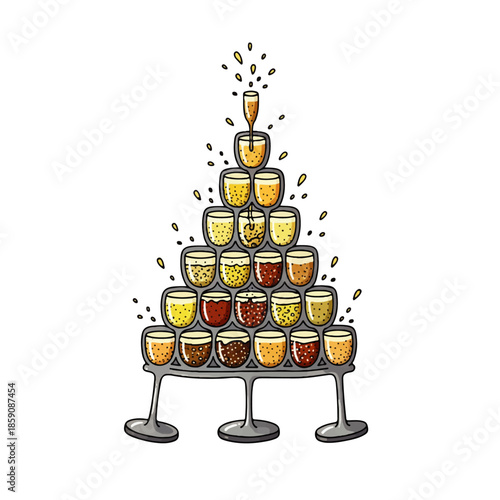 Hand-drawn illustration of a festive champagne or beer glass pyramid with liquid overflowing and splashing, perfect for celebrations, parties, and special events.