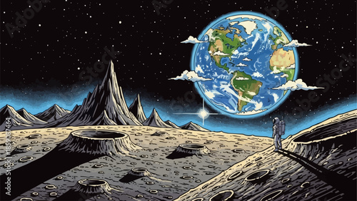 Astronaut standing on moon looking at Earth in space.