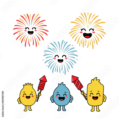 Cute cartoon characters holding firecrackers with happy fireworks exploding above, perfect for celebrations and holidays.